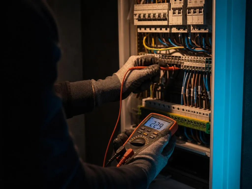 Electricista comprobando el voltaje de un cuadro eléctrico con un multímetro